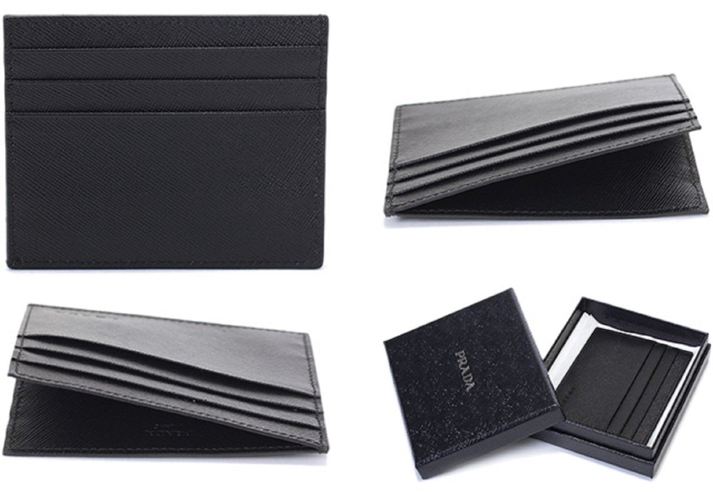 Luxury PradaSaffiano Nero Black - Gray Card Holder Silver Logo