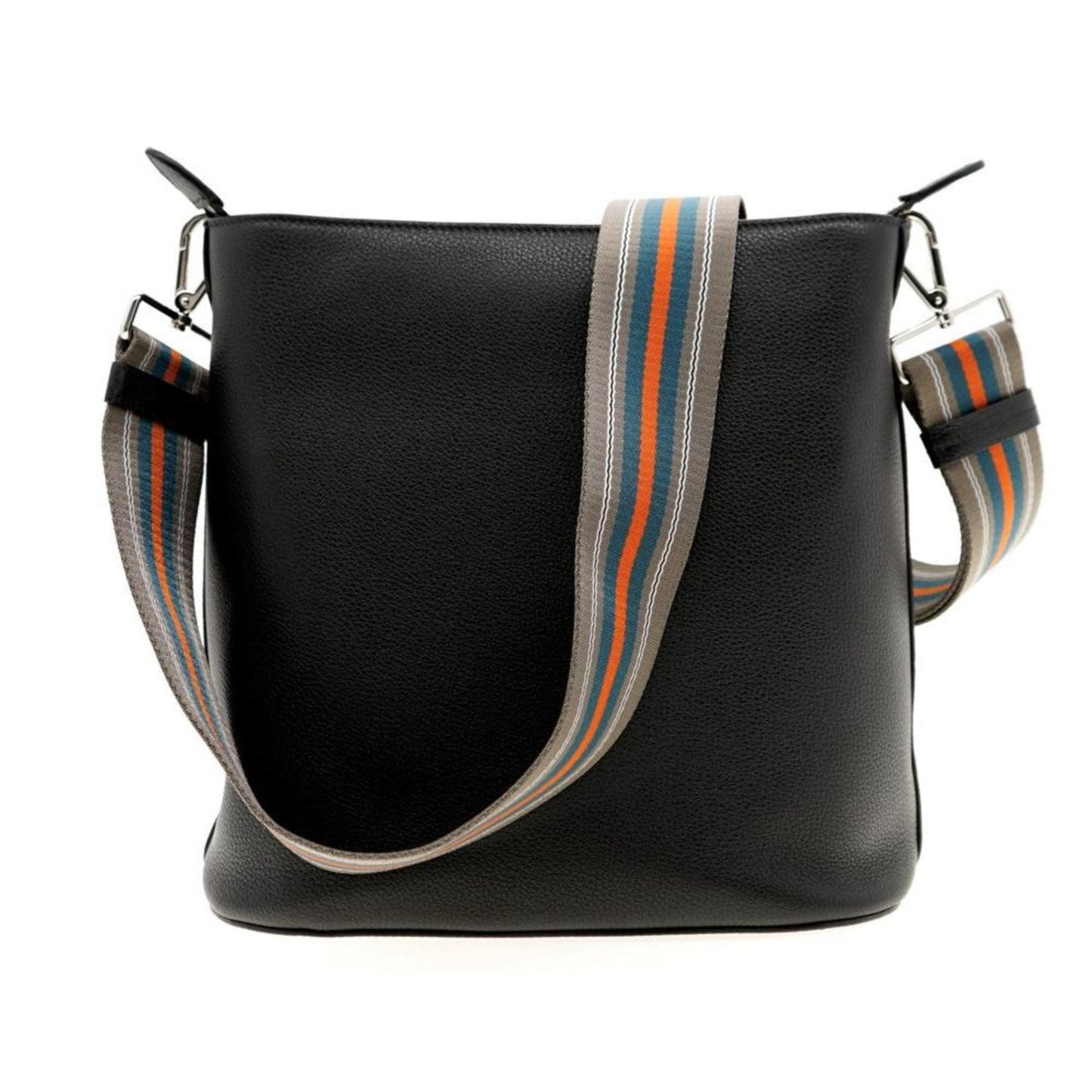 Luxury PradaVitello Phenix Black Leather Web Strap Crossbody Bucket Bag