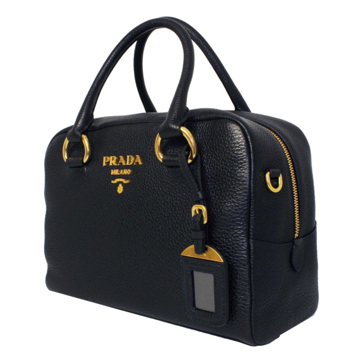 Luxury PradaVitello Phenix Black Leather Web Stripe Crossbody Satchel Bag