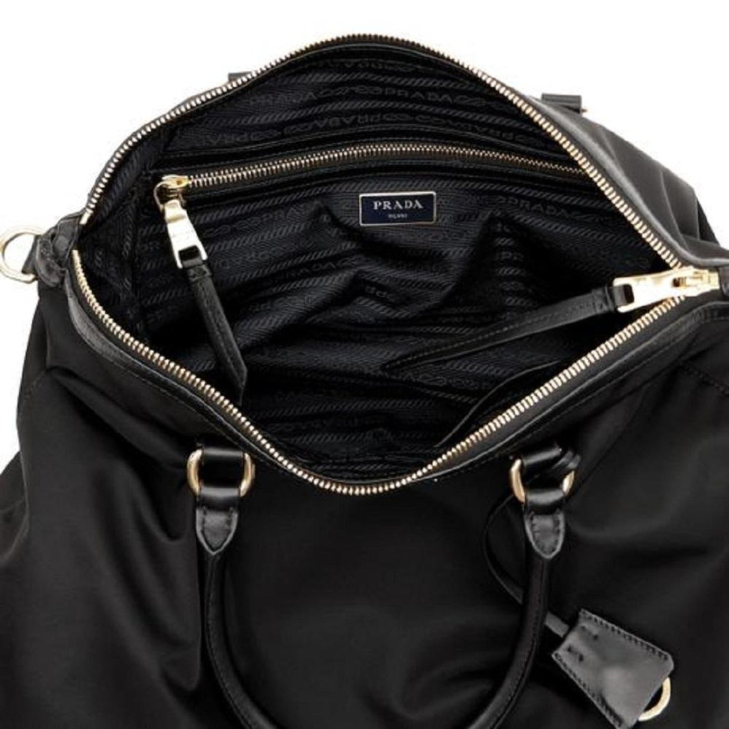 Luxury PradaBlack Tessuto Nylon Calf Leather Trim Satchel Tote Bag