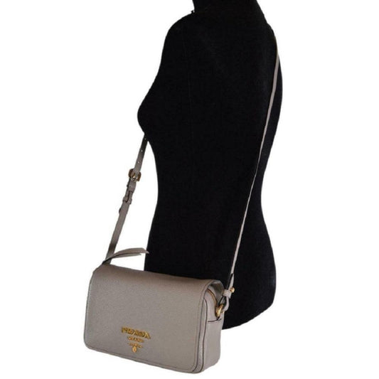 Luxury PradaVitello Phenix Argilla Grey Leather Flap Crossbody Bag