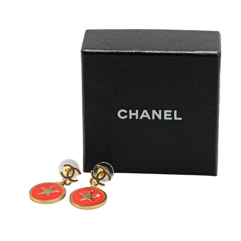 Chanel Coco Mark Star Round Earrings Gold Red