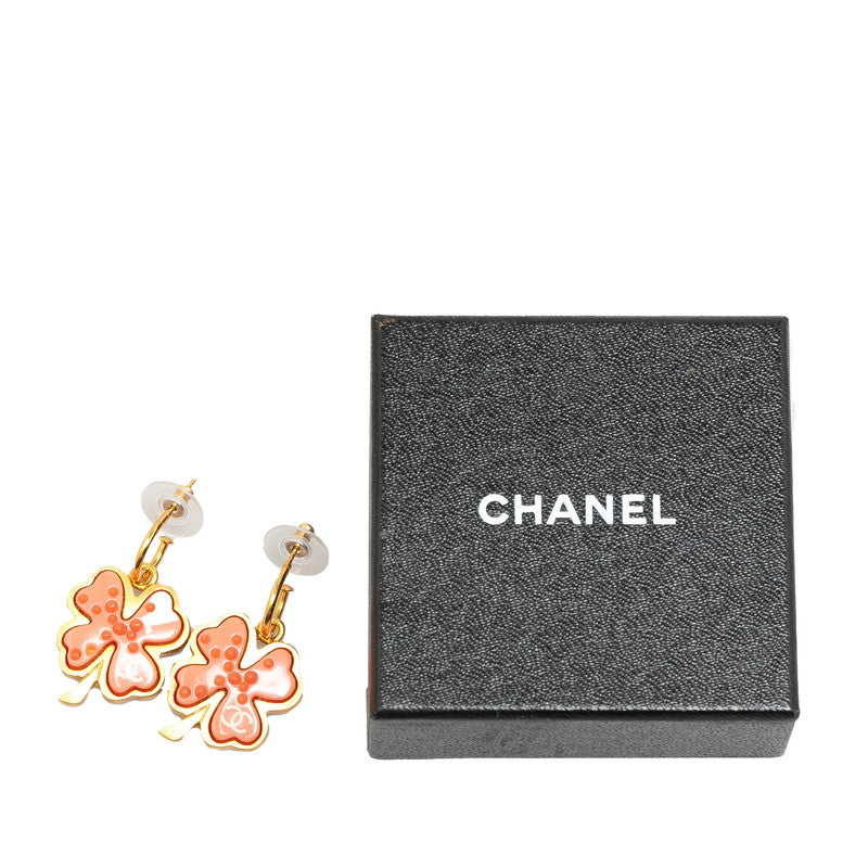 Chanel Coco Mark Clover Motif Swing Earrings Gold Pink