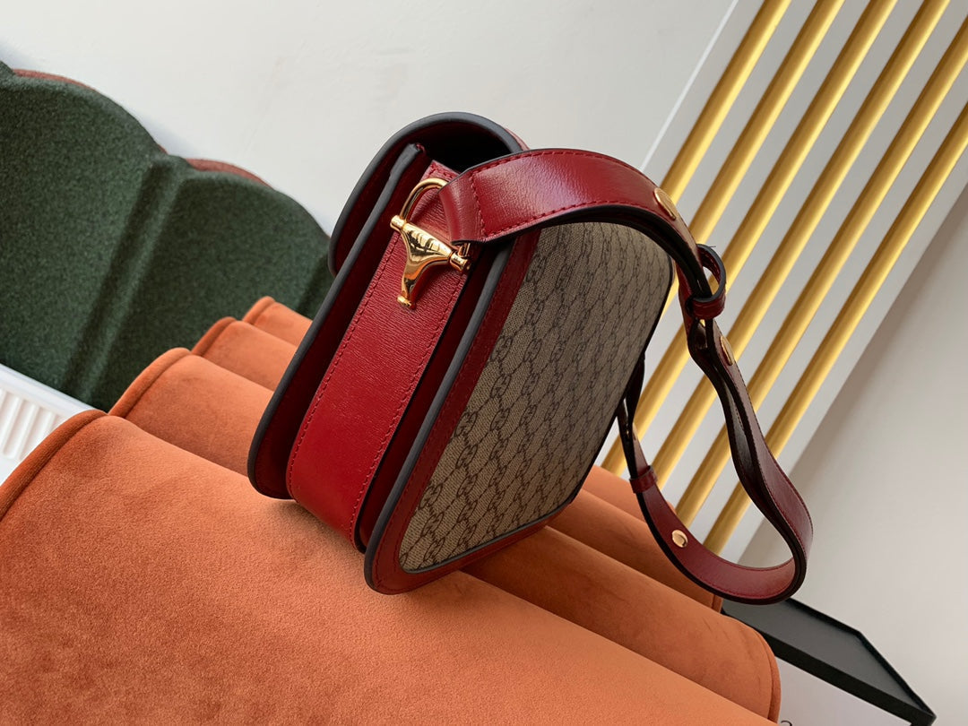 Luxury Gucci GG 1955 Horsebit Bag 25cm Red Leather Beige Canvas Gold Hardware