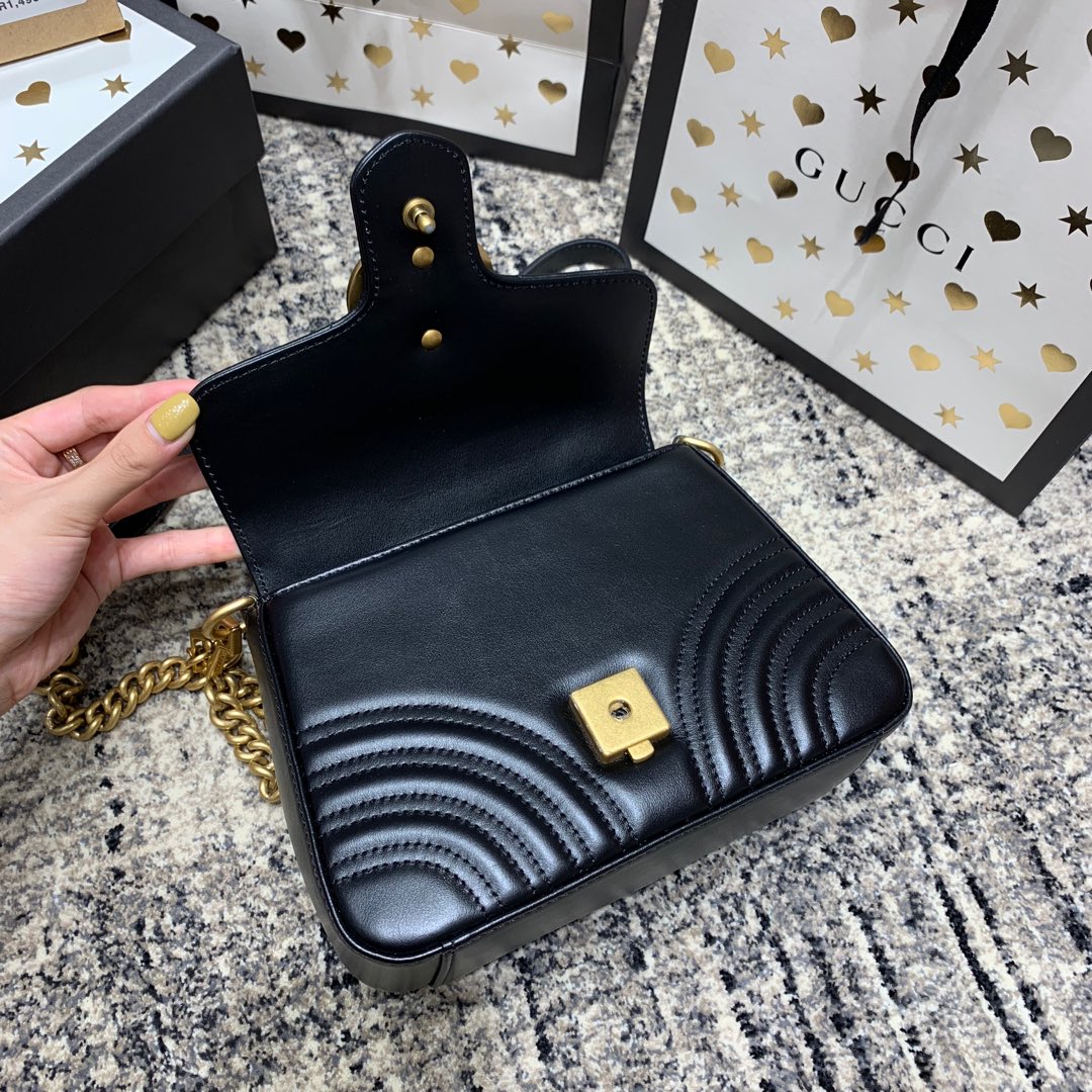 Luxury Gucci GG Marmont 21cm Mini Top Black Calfskin Gold Hardware