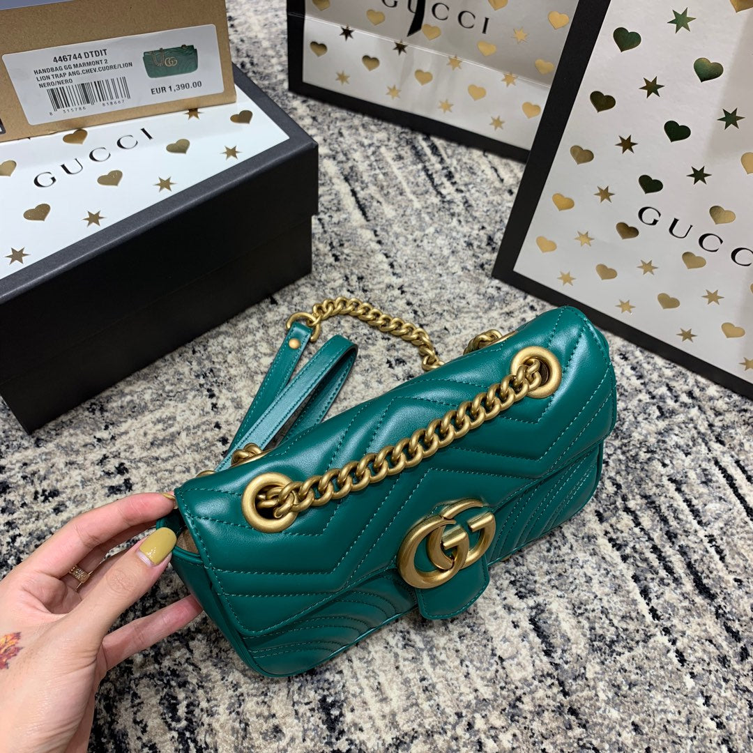 Luxury Gucci GG Marmont 22cm Turquoise Calfskin Gold Hardware