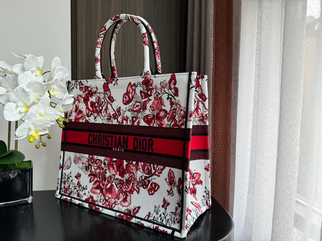 Luxury DiorLarge Book Tote 42cm White and Red Heart Butterfly Embroidery