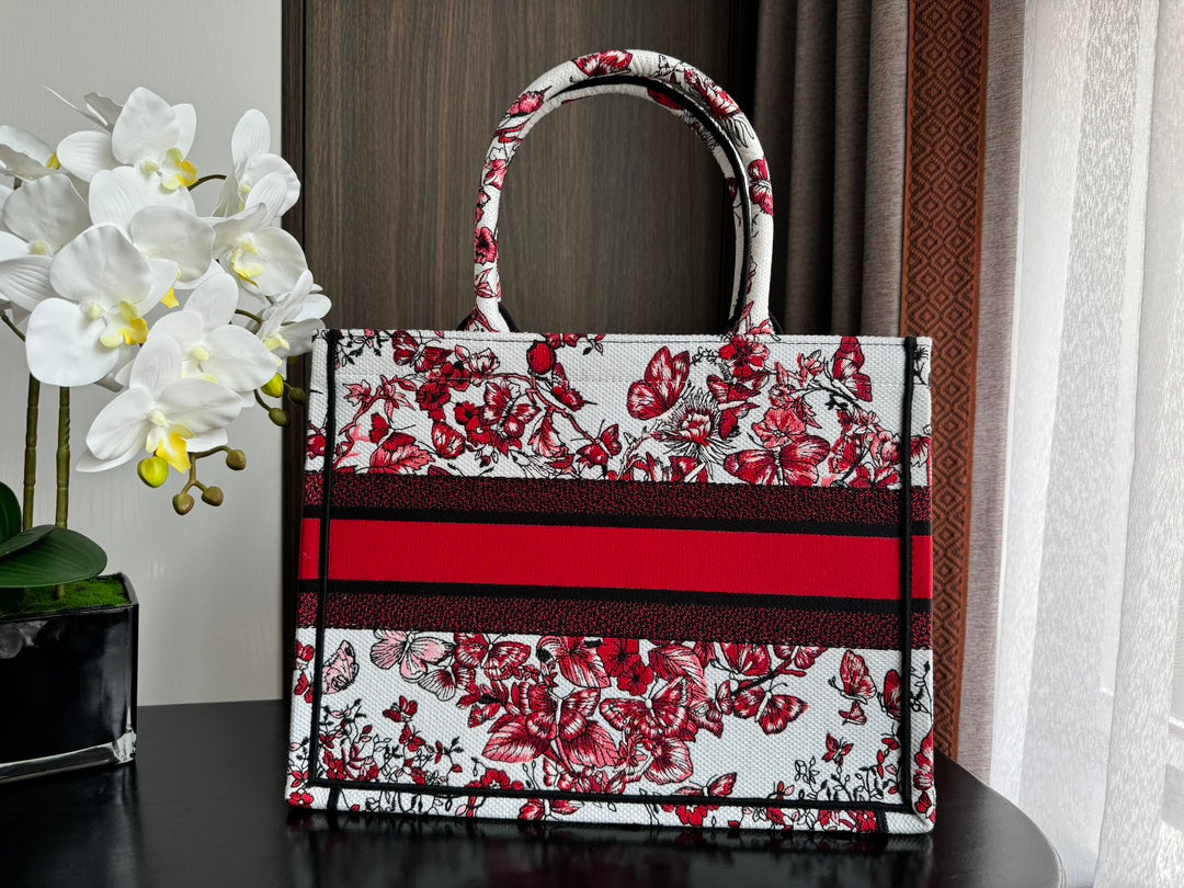 Luxury DiorMedium Book Tote 36cm White and Red Heart Butterfly Embroidery