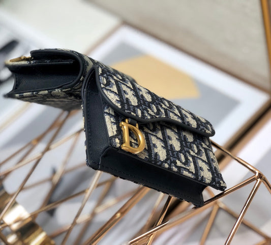 Luxury DiorSaddle Wallet 10.5cm Blue Obique Embroidery