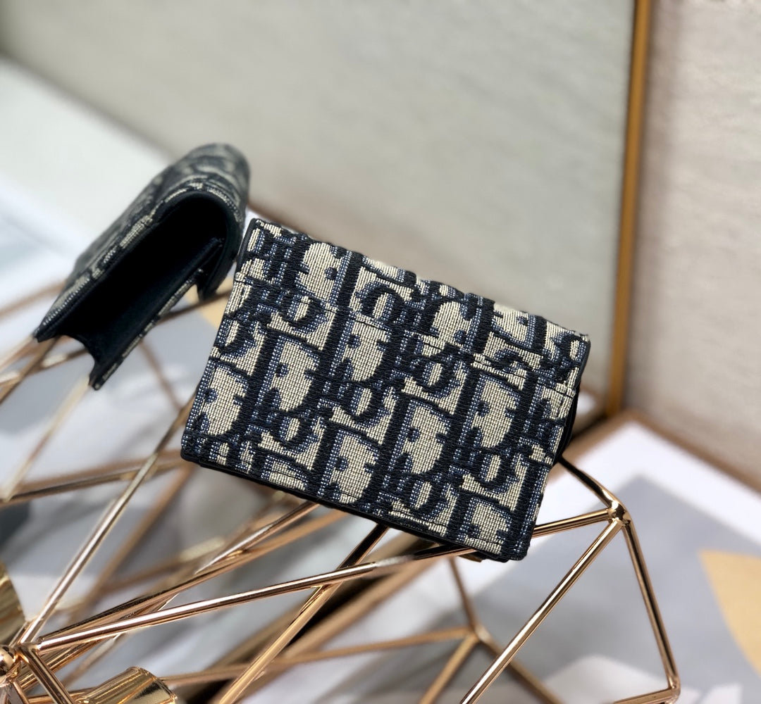 Luxury DiorSaddle Wallet 10.5cm Blue Obique Embroidery