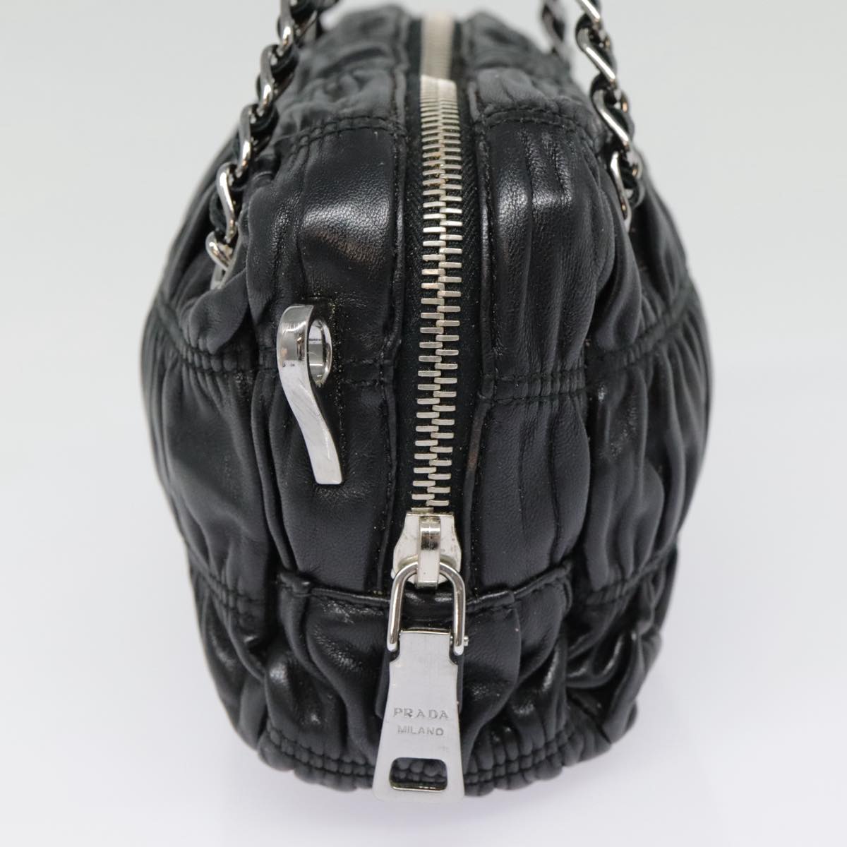 Luxury Prada Chain Gathered Hand Bag Leather 2way Black Silver yk15035