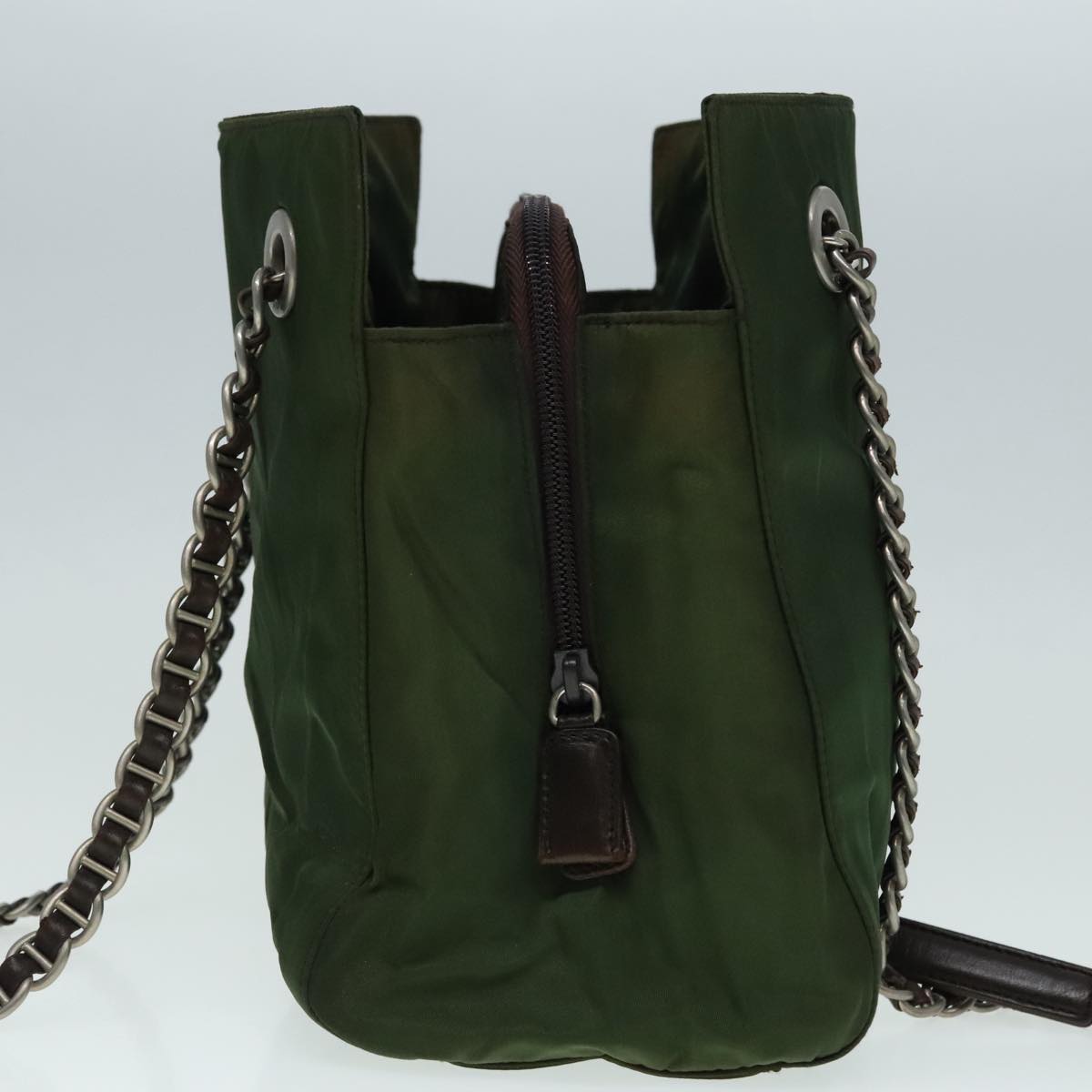 Luxury Prada Chain Shoulder Bag Nylon Khaki Brown Silver yk15336