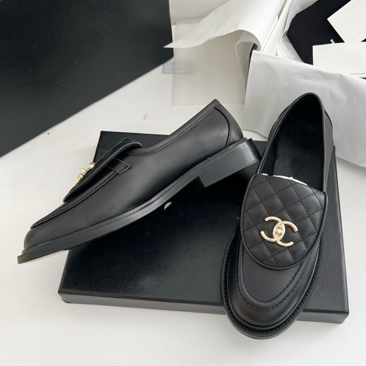 Luxury Chanel Moccasins Black Quilted Calfskin Gold CC