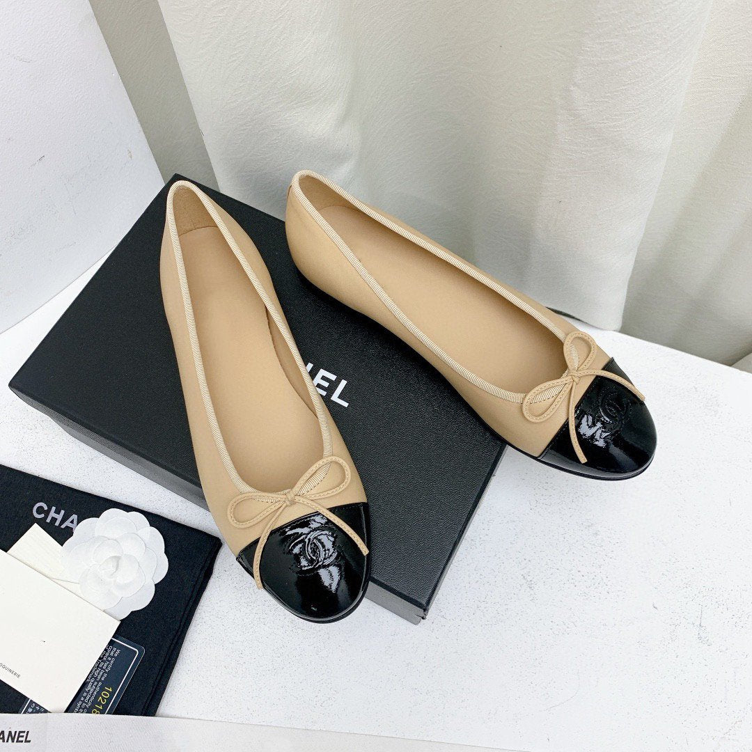 Luxury Chanel ballet flats beige lambskin black patent calfskin