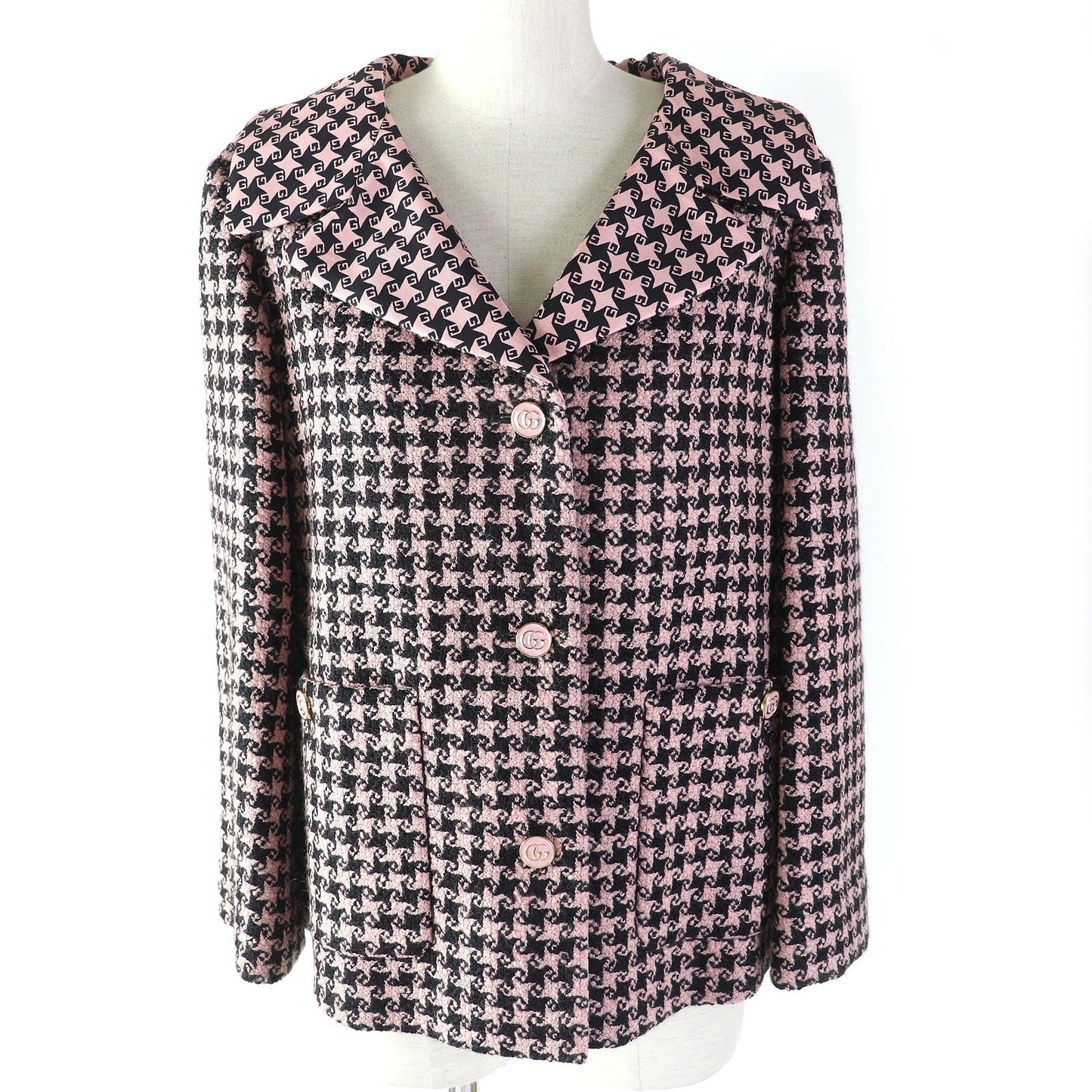 Luxury Gucci Trending 2025 Houndstooth Wool Silk Jacket Pink Black 40