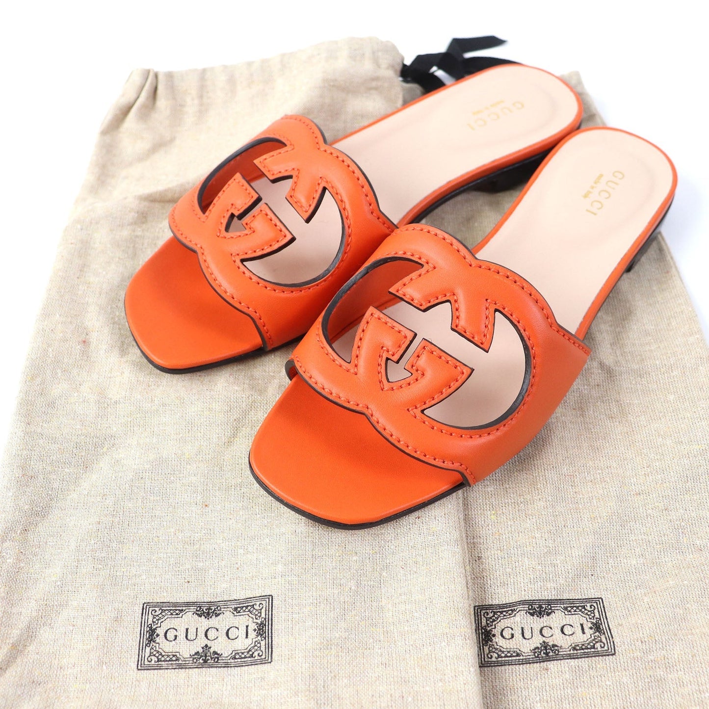 Luxury Gucci Trending 2025 Leather Slide Sandals Orange 36
