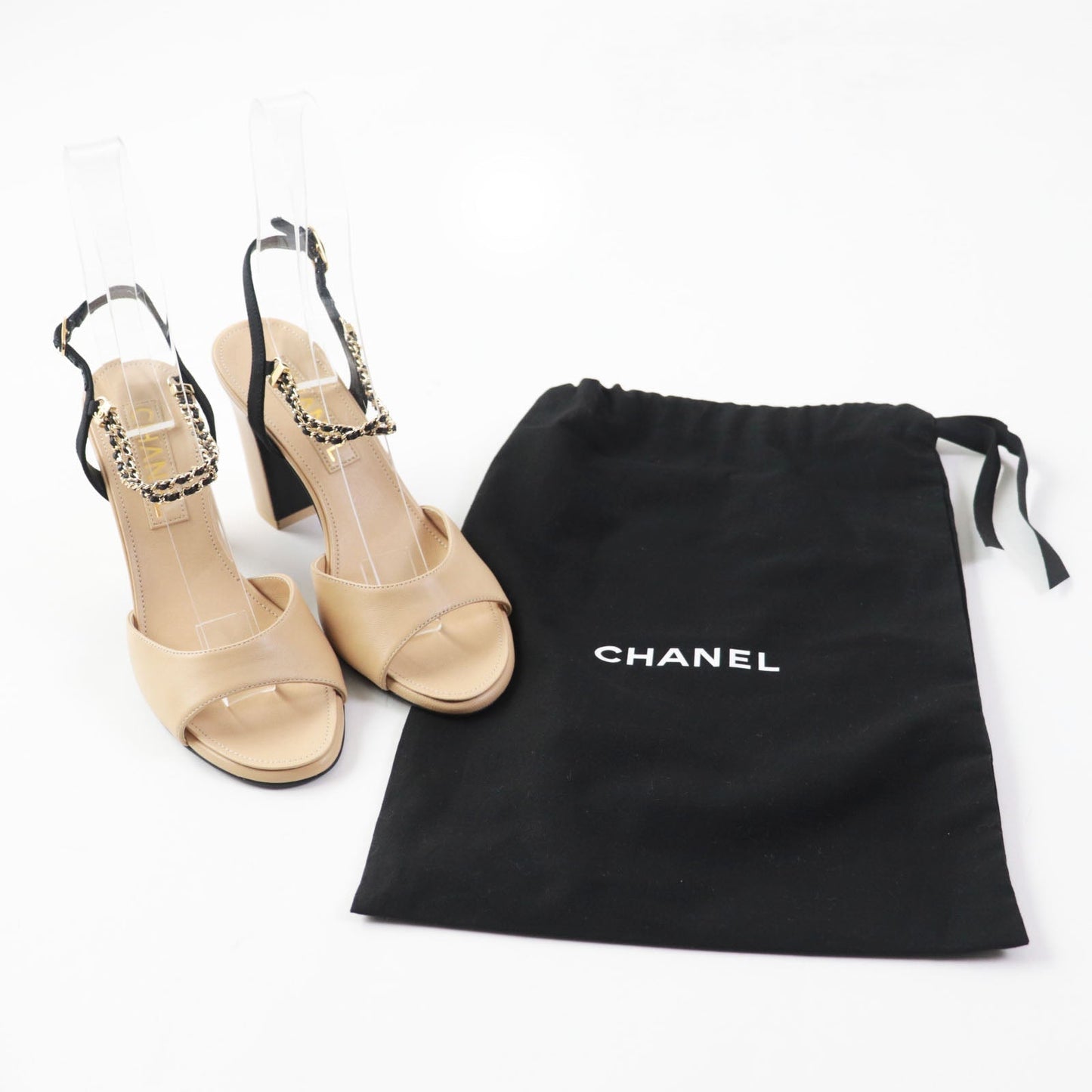 Chanel COCO Mark Leather Sandals 36 Beige Black