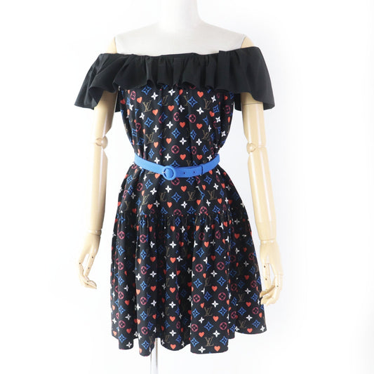 LOUIS VUITTON dress FKＤR51 silk black multi Game On Ruffle Scoop Neck Babydoll Dress 36