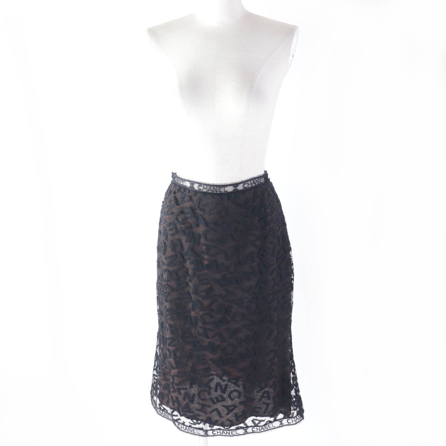 Chanel Vintage Logo Lace Knee Skirt Black 38