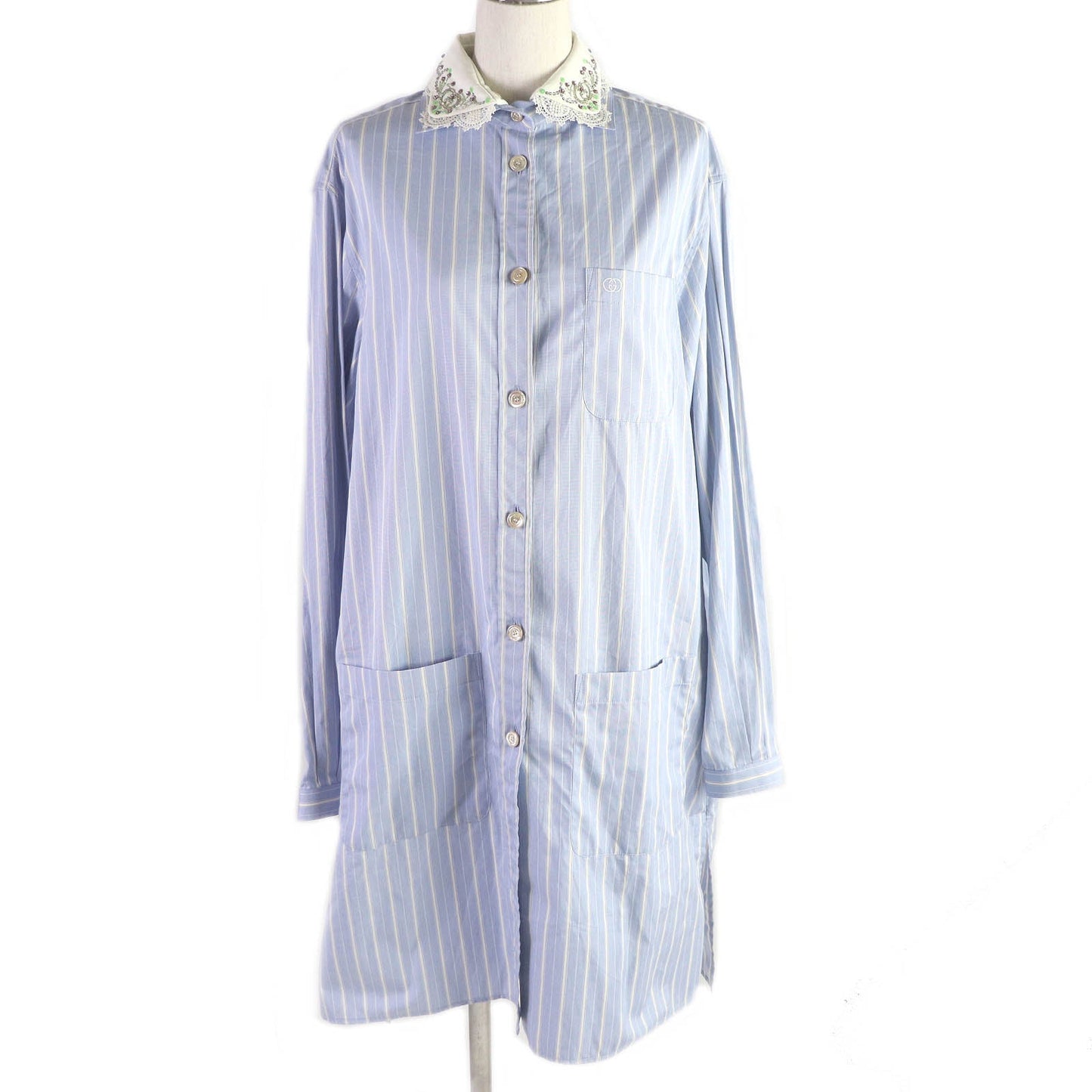 Luxury Gucci Trending 2025 Cotton Oxford Stripe GG Logo Lace Shirt