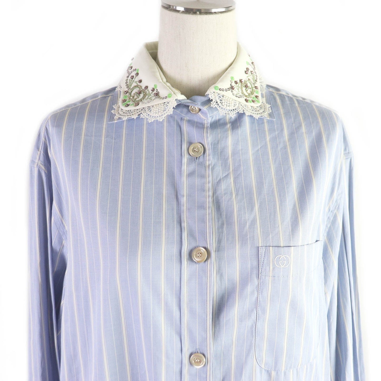 Luxury Gucci Trending 2025 Cotton Oxford Stripe GG Logo Lace Shirt