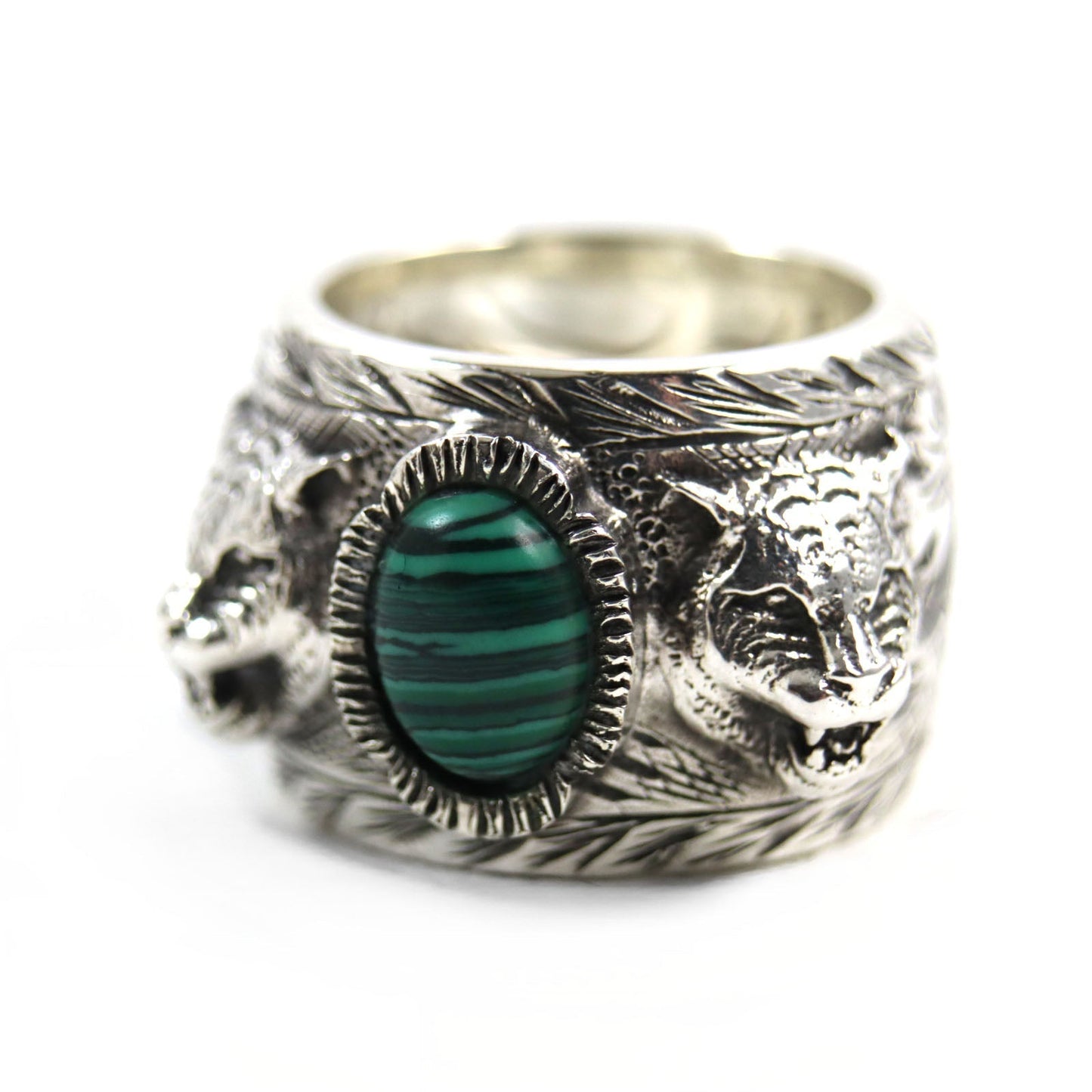Luxury Gucci Trending 2025 Malachite Cat Head GG Logo Ring Silver