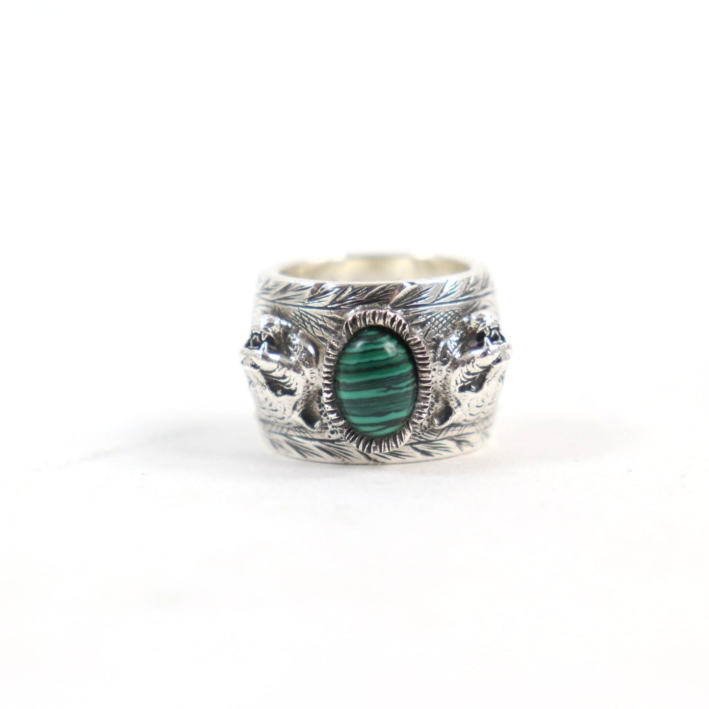 Luxury Gucci Trending 2025 Malachite Cat Head GG Logo Ring Silver