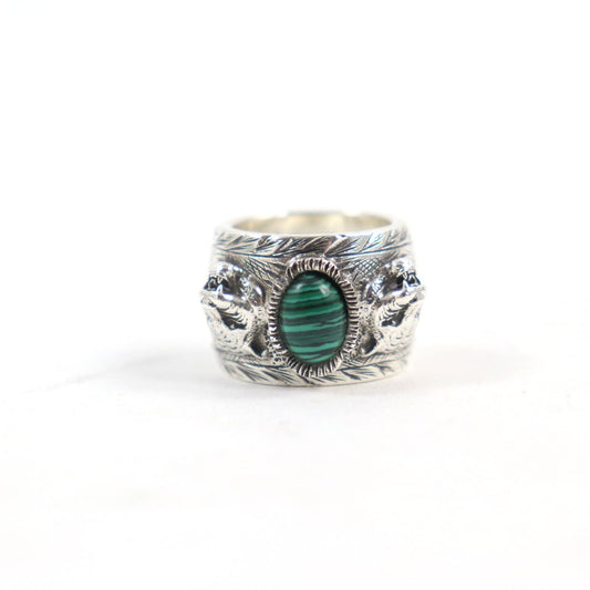 Luxury Gucci Trending 2025 Malachite Cat Head GG Logo Ring Silver