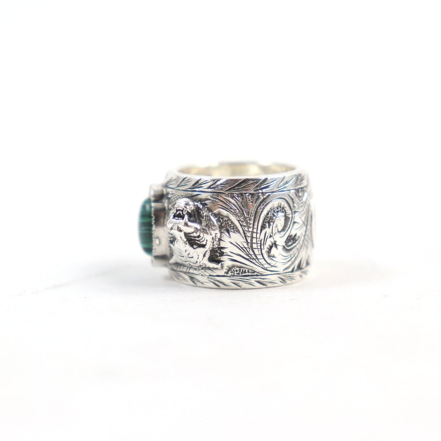 Luxury Gucci Trending 2025 Malachite Cat Head GG Logo Ring Silver