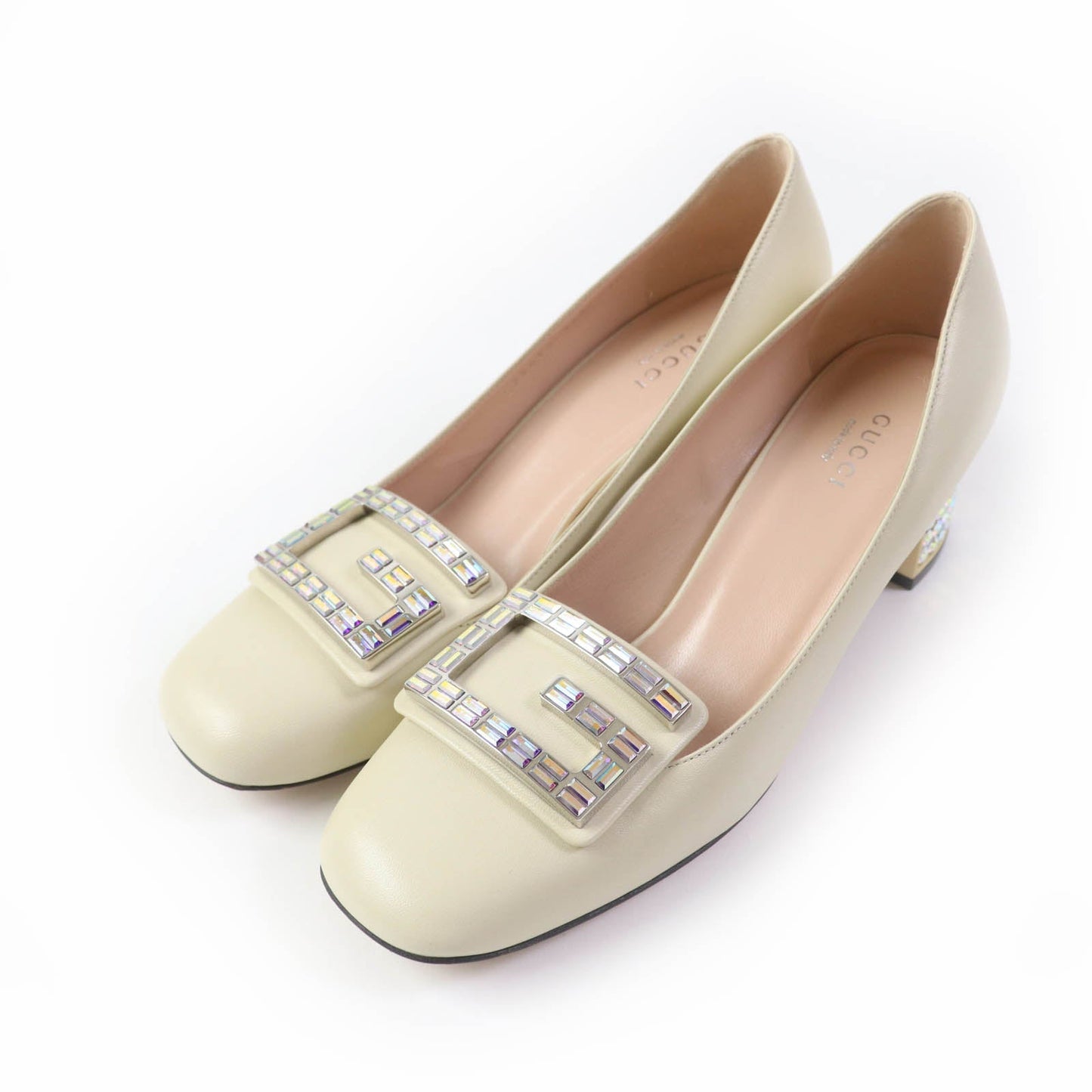Luxury Gucci Trending 2025 Crystal G Logo Leather Pumps Ivory 37.5