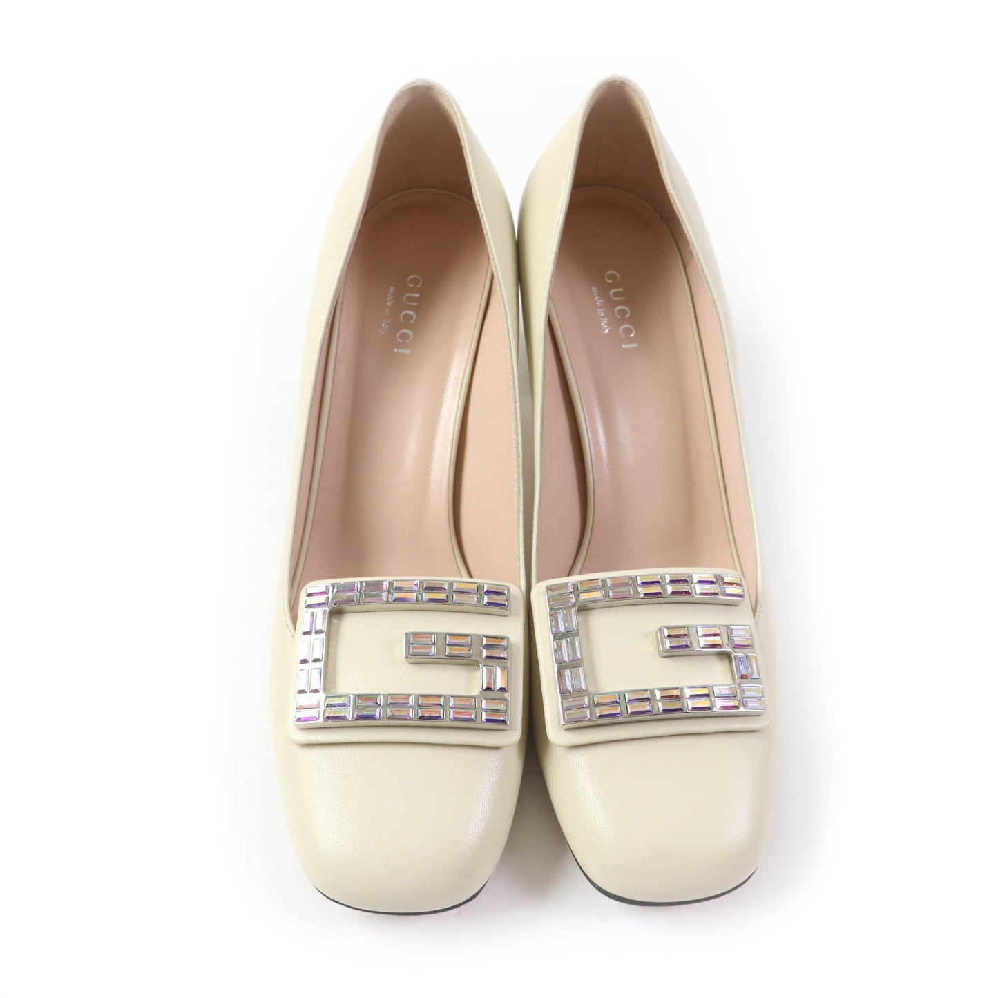 Luxury Gucci Trending 2025 Crystal G Logo Leather Pumps Ivory 37.5