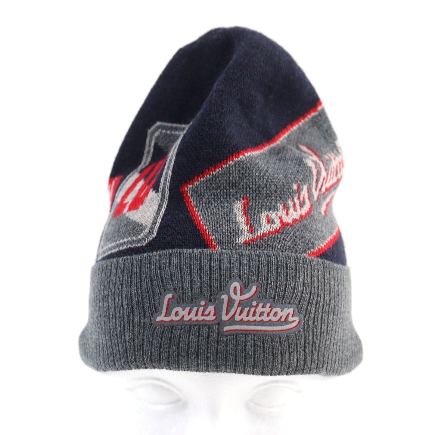 LOUIS VUITTON Knit cap M70728 wool Navy Gray Red All-over pattern