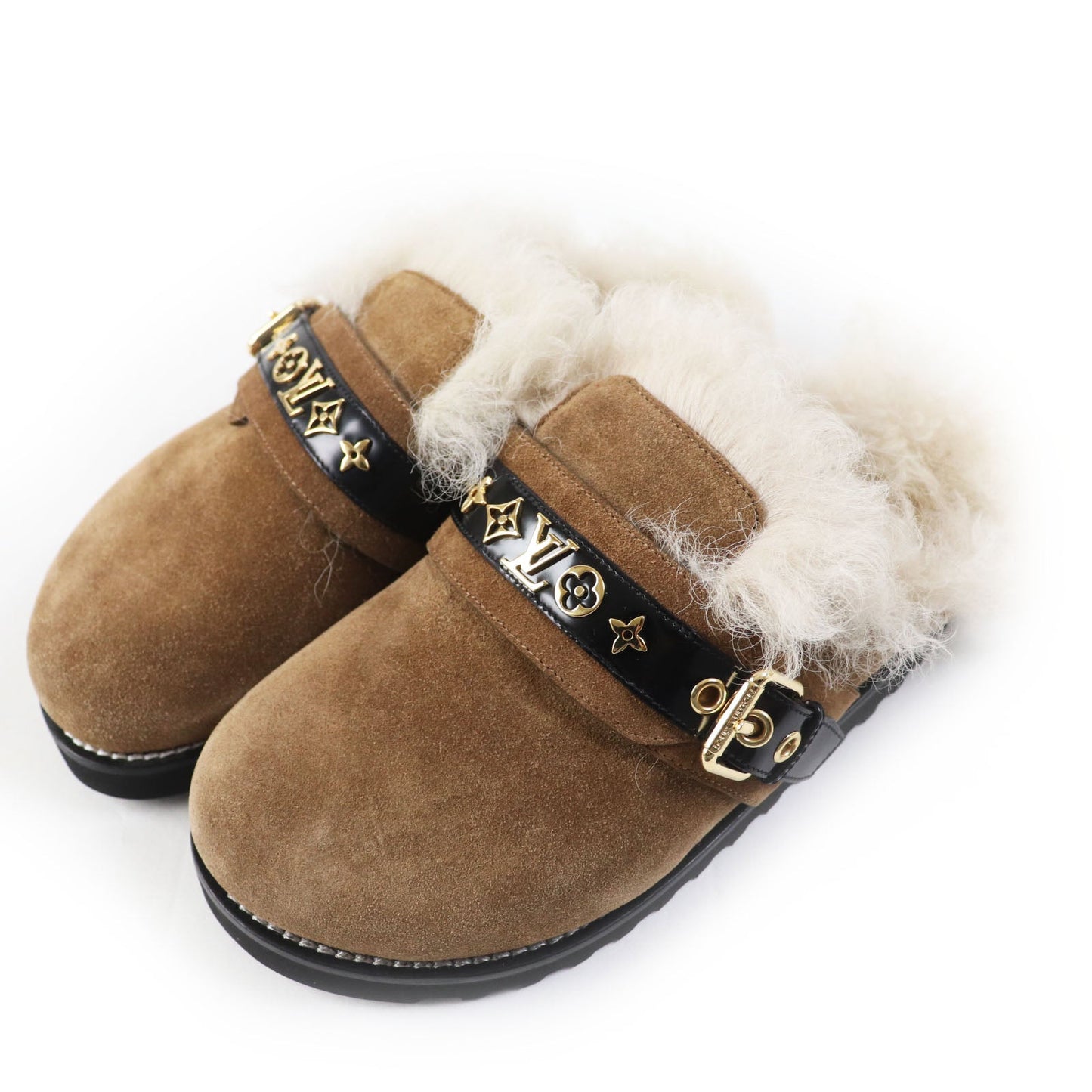 LOUIS VUITTON Sandals Suede leather Brown beige Winter brake lines 37