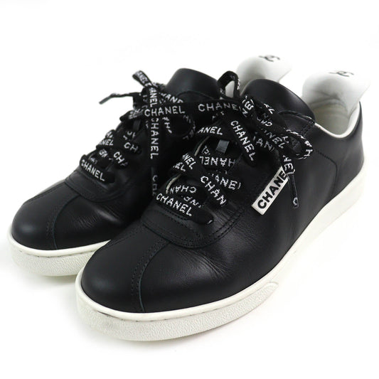 Chanel Leather Low Cut Sneakers Black White 36