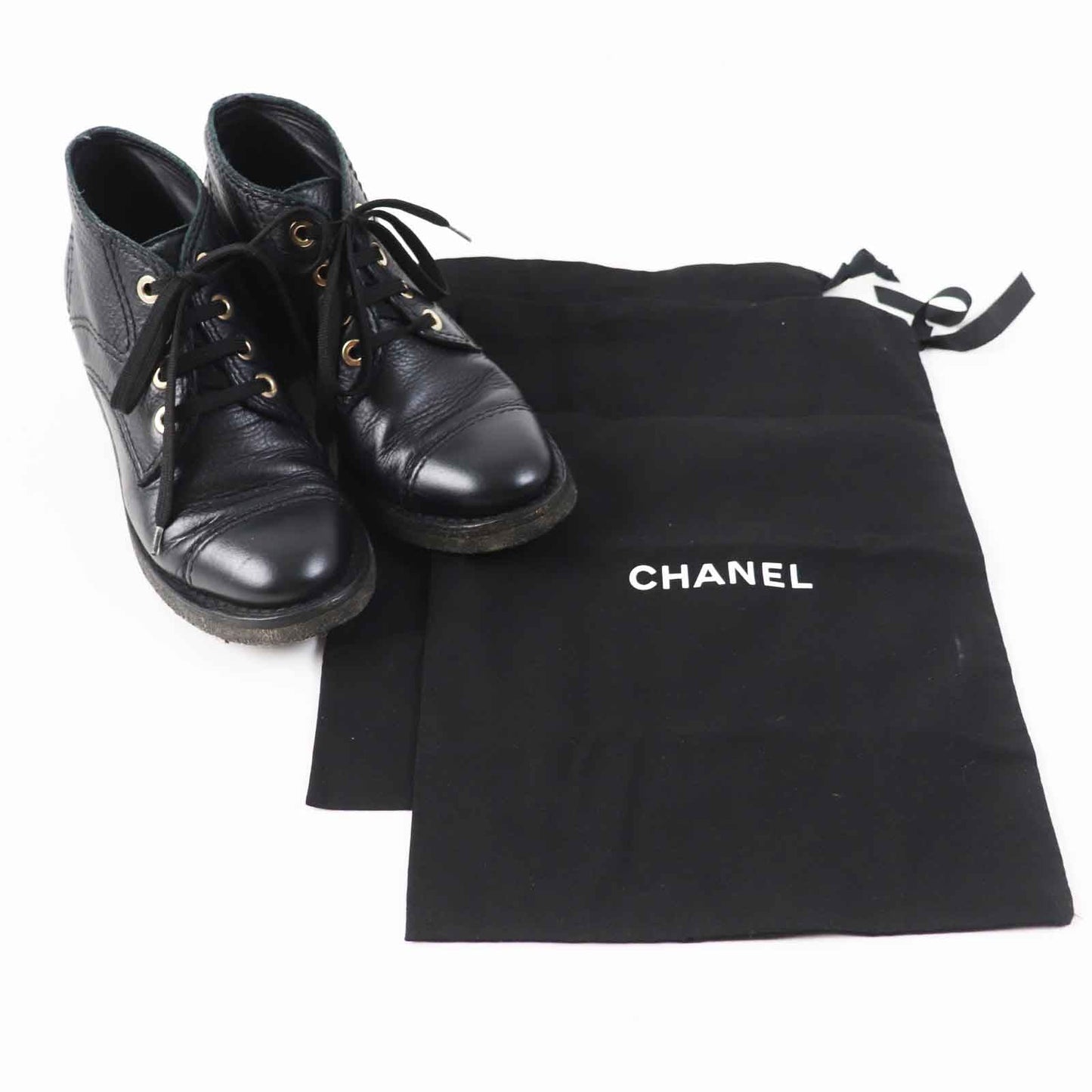Chanel Leather Ankle Boots Black Gold 38