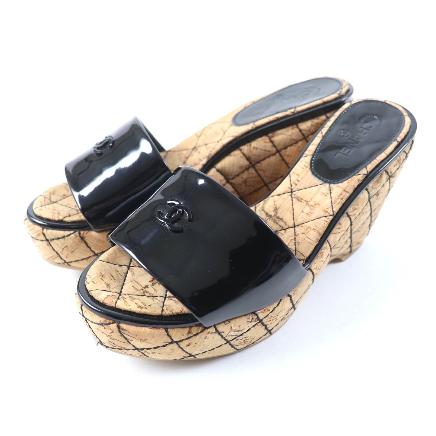Chanel Patent Leather Wedges Sandals Black