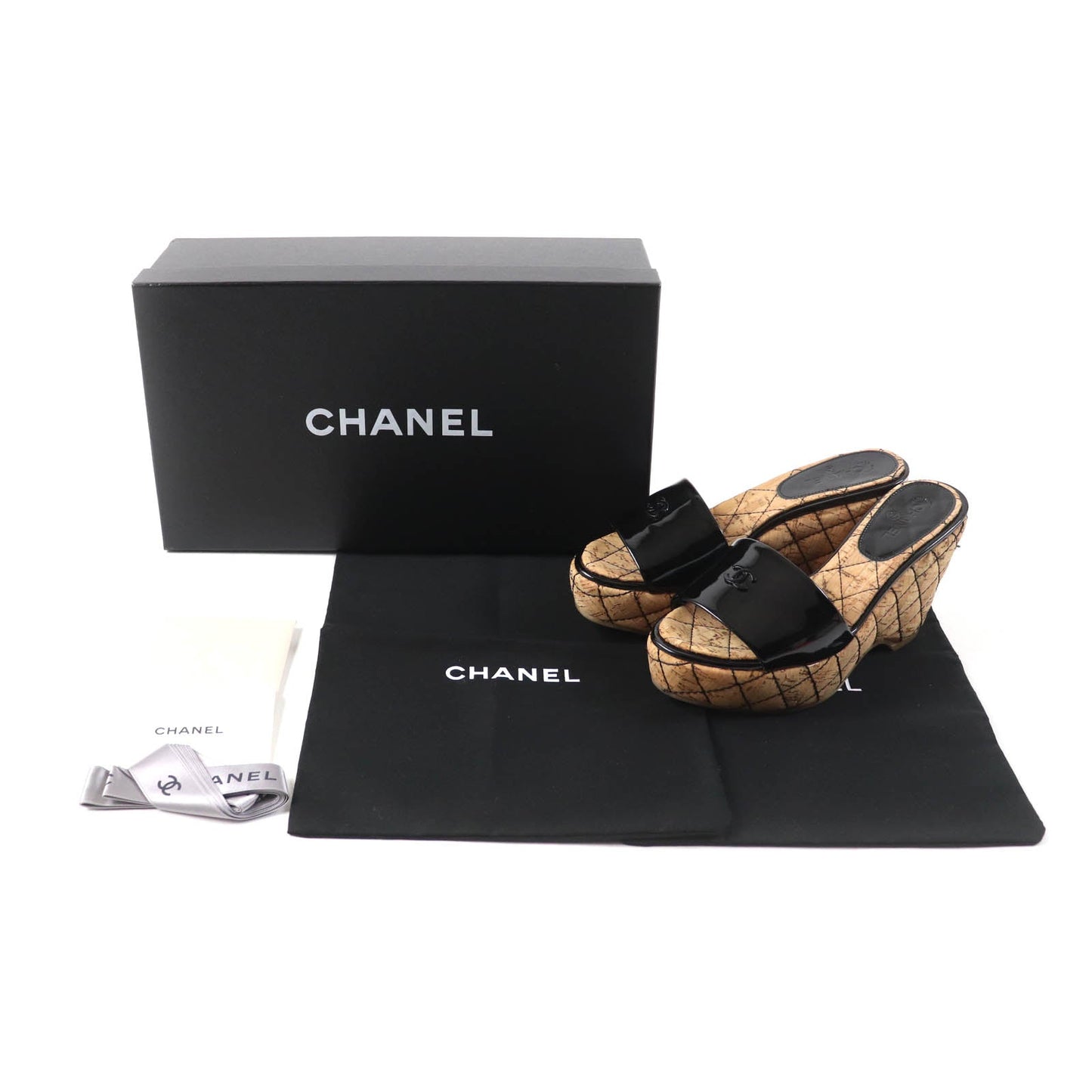 Chanel Patent Leather Wedges Sandals Black