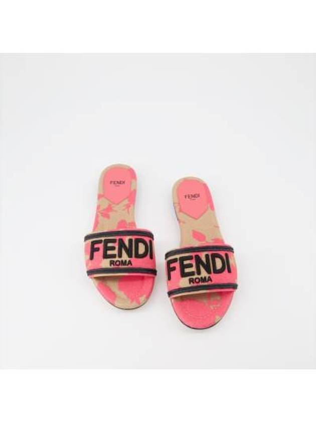 Luxury Fendi Rose Print Embroidered Logo Canvas Slide Slippers Pink