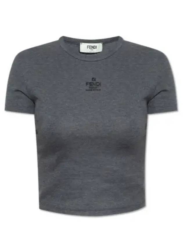 Luxury Fendi Embroidered Logo Crop Cotton Short Sleeve T-Shirt Grey