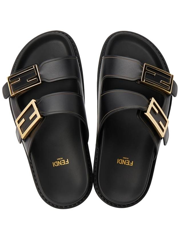 Luxury Fendi Women's FF Leather Fill Flat Sandals Slippers Black