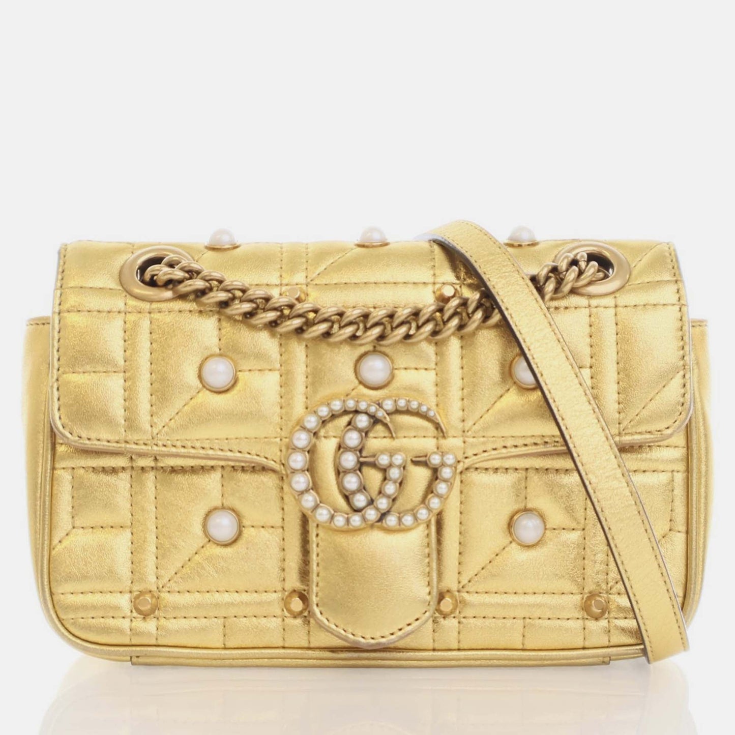 Luxury Gucci Trending 2025 Golden Metallic Leather GG Marmont Matelass&eacute; Small Pearl Shoulder Bag