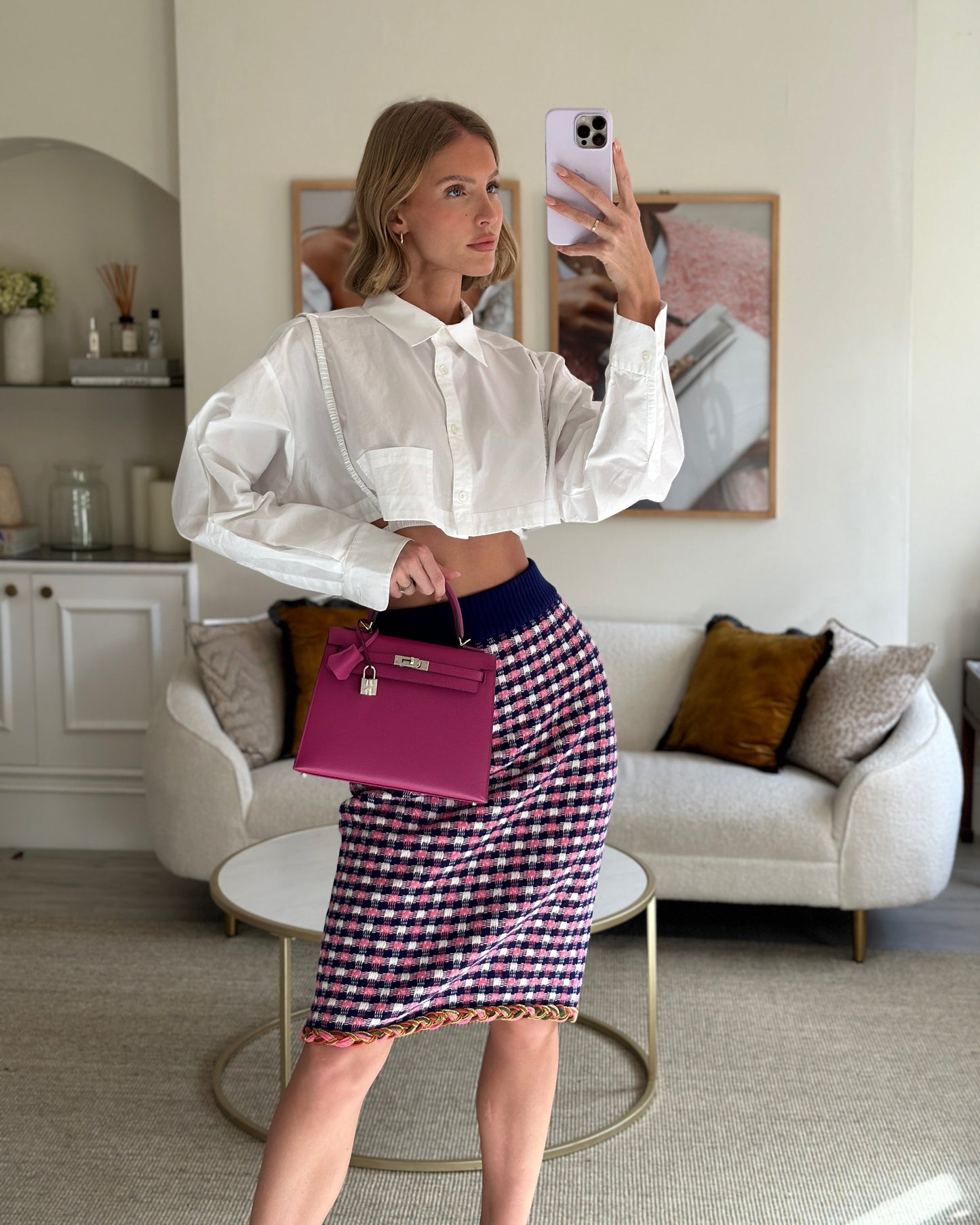 Luxury Gucci Pink, White and Purple Check Knitted Midi Skirt with Metallic Hem Size M (UK 10)