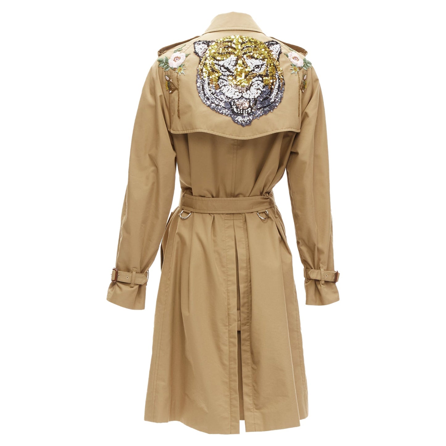 Gucci sequins tiger flower embroidery belted trench coat