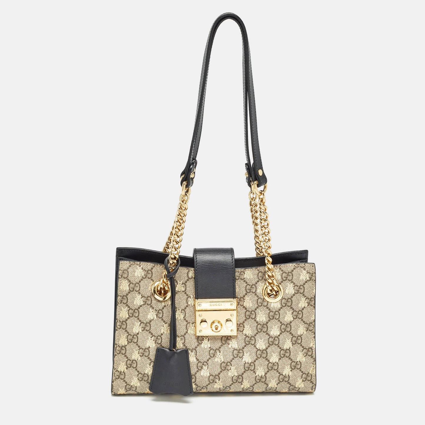 Luxury Gucci Trending 2025 Black/beige Gg Supreme Canvas And Leather Small Padlock Bee Tote