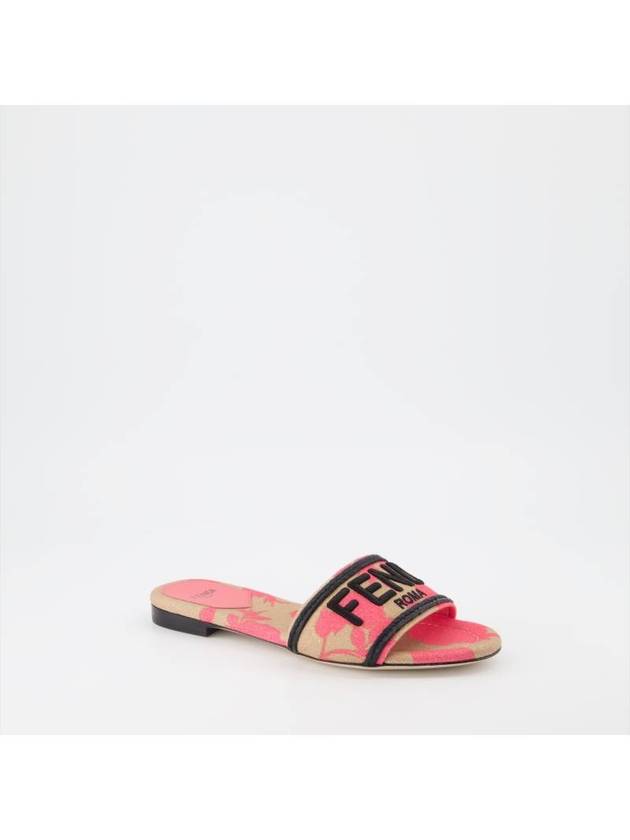 Luxury Fendi Rose Print Embroidered Logo Canvas Slide Slippers Pink