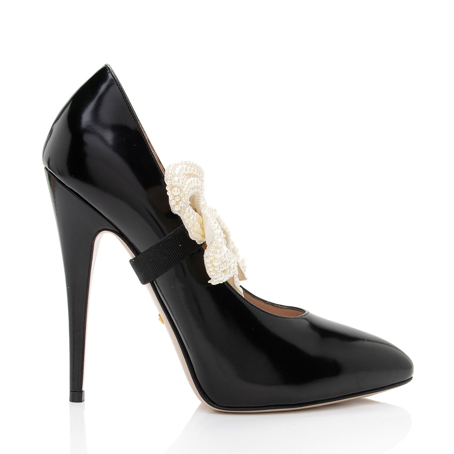 Gucci Polished Leather Removable Faux Pearl Bow Pumps