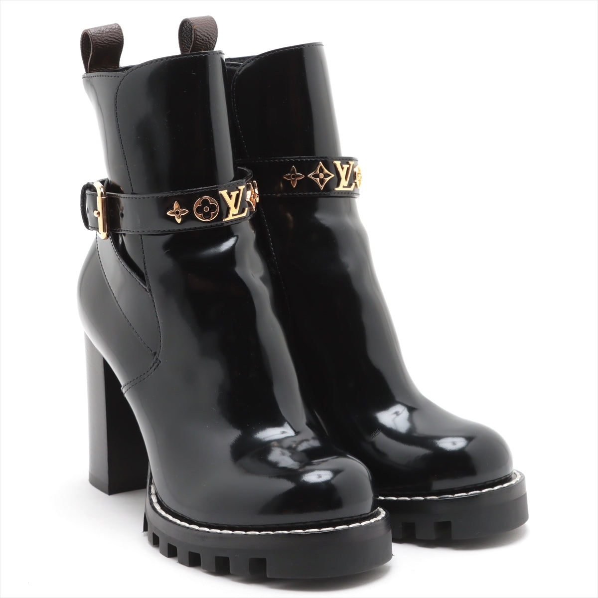 Louis Vuitton Start Trail Line 21 Year Patent Leather Short Boots 38.5  Black MA0231 Monogram Stands