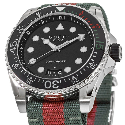 Gucci Dive Black Dial Green and Red Nylon Fabric Strap Men's Watch YA136209A