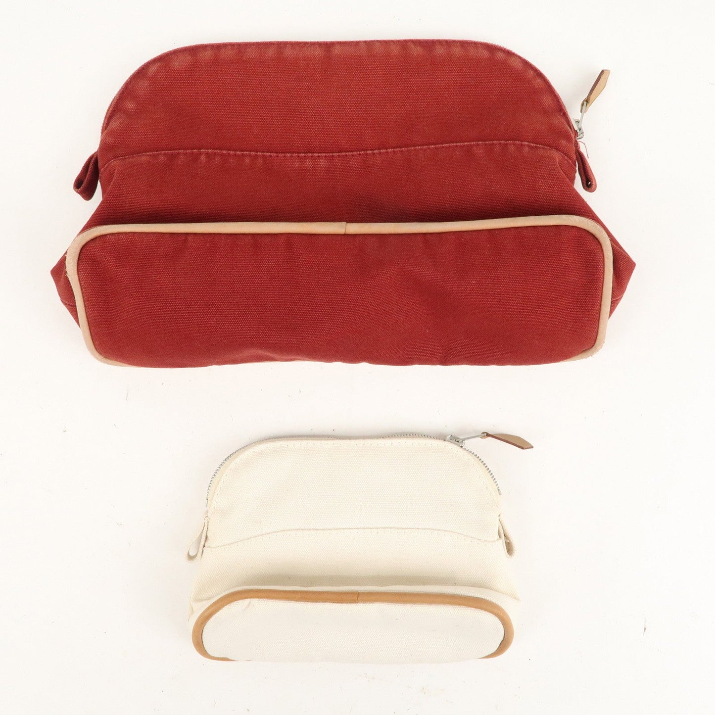 Luxury Hermes Set of 2 Bolide Pouch MM & Mini Canvas Leather Ivory Red