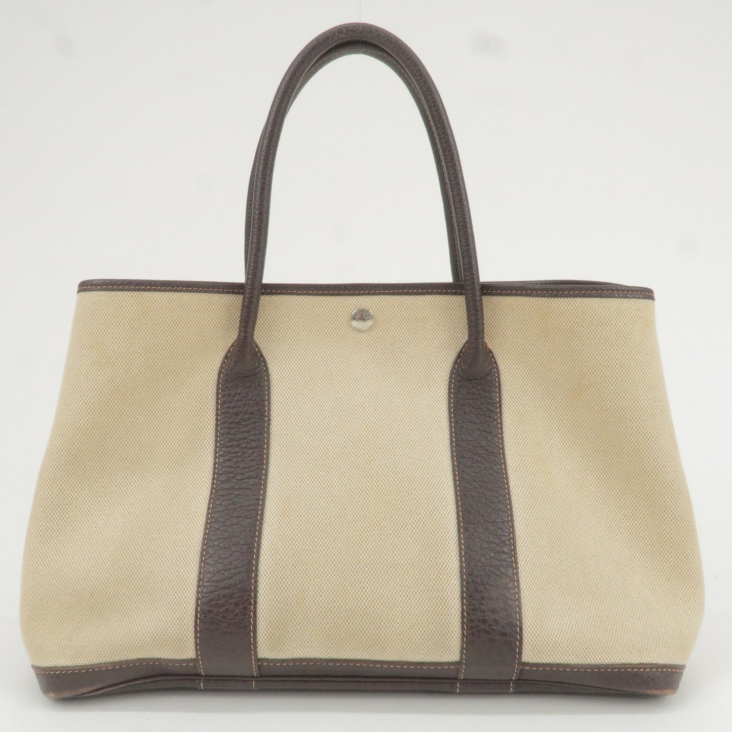 Luxury Hermes Canvas Leather Garden Party PM Tote Bag Beige G Stamp